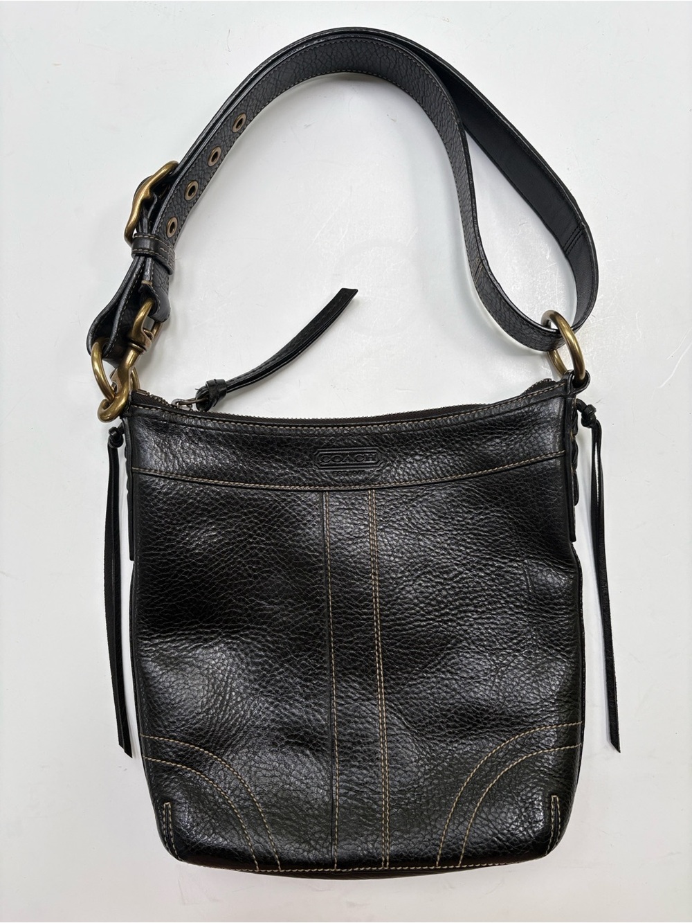 Vintage Coach H0651-10398 Black Pebbled Leather Shoulder Bag, Brass, -Mint!